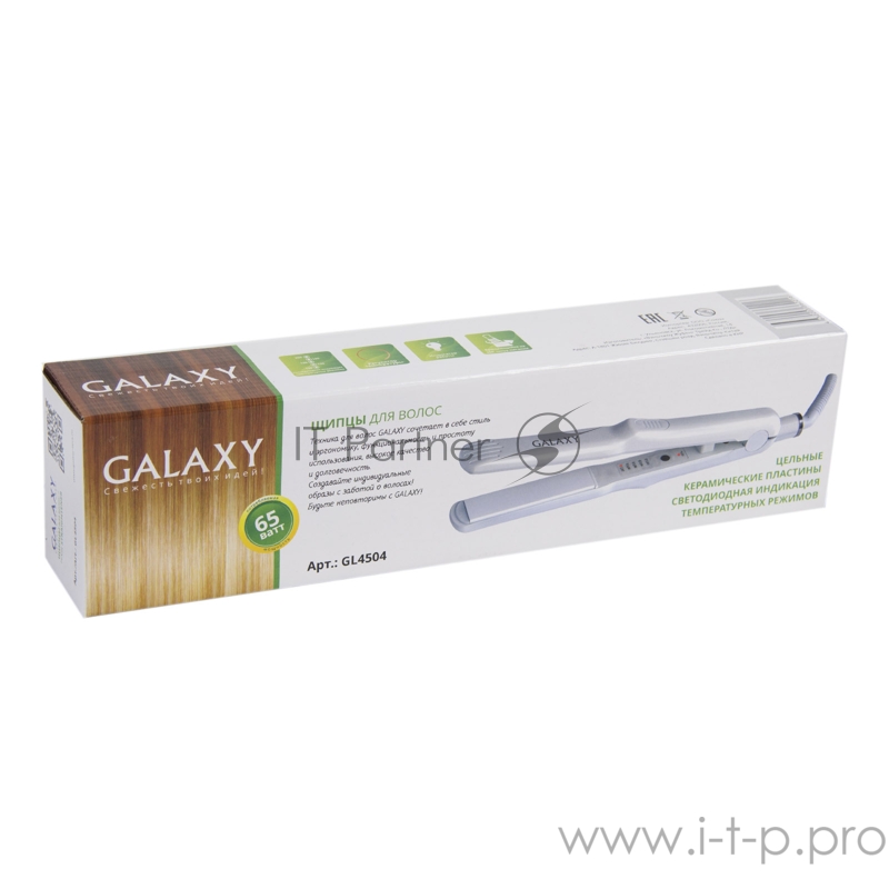 Щипцы для волос Galaxy GL 4504 (24шт) 65 Вт, максимальная температура 200 °C, цельные керамические пластины, нагревательный элемент с защитой от перегрева, светодиодная индикация температурных режимов: 120°С, 140°С, 160°С ,180°С, 200°С, шнур питания,