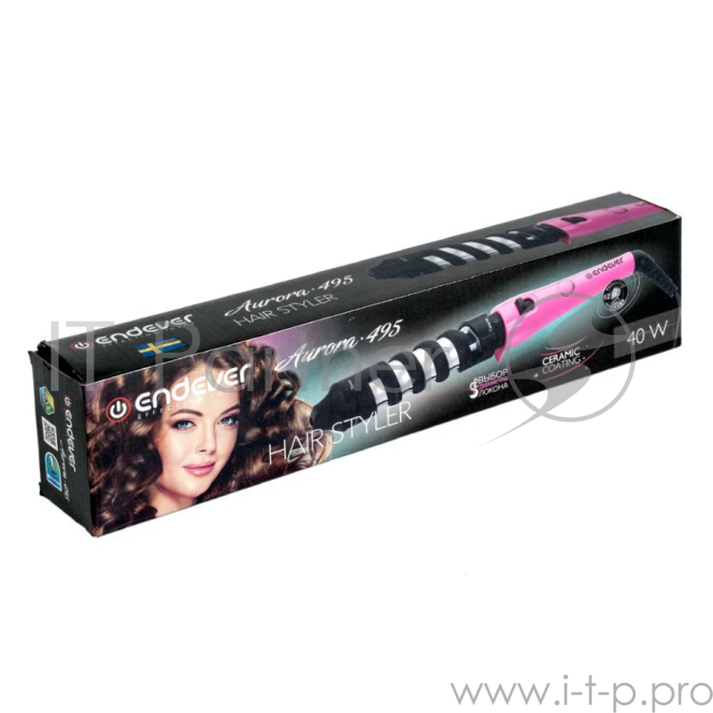 Щипцы Endever Aurora-495, стайлер, 40Вт, вращение нагрев. части, выбор диаметра локона, 1.9-3.2см, керамич. покрытие, быстрый нагрев, черный/розовый