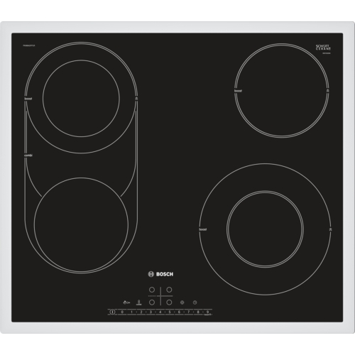Встраиваемая варочная поверхность BOSCH 4.8x56x49, стеклокерамическая поверхность, независимая, CombiZone, сенсорное управление, рамка - белая, цвет: черный