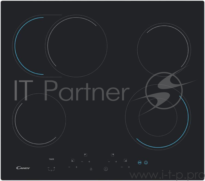 Встраиваемые электрические панели CANDY Стеклокерамическая электрическая варочная панель шириной 60 см. 4 hi light зоны нагрева. Цветная графика зон расширения. 2 зоны расширения: круглая ? 110-190 мм и овальная 180-275 мм.