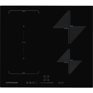 Индукционная варочная поверхность Kuppersberg Индукционная варочная поверхность стеклокерамическая,ширина 60 см, 2 зоны 1,5 кВт (BOOSTER 2 кВт), 2 зоны 2 кВт (BOOSTER 2,6 кВт), 1 зона Flexi/Bridge 400*220 mm 3 кВт (BOOSTER 3,6 кВт), электронное сенсо