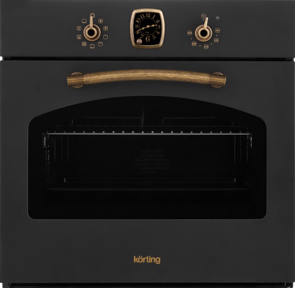 Встраиваемые газовые духовки Korting Retro Calabria, 59.8 х 59.5 x 56 см, газовая, газовый гриль, конвекция, таймер, телескопические направляющие, черный+бронза