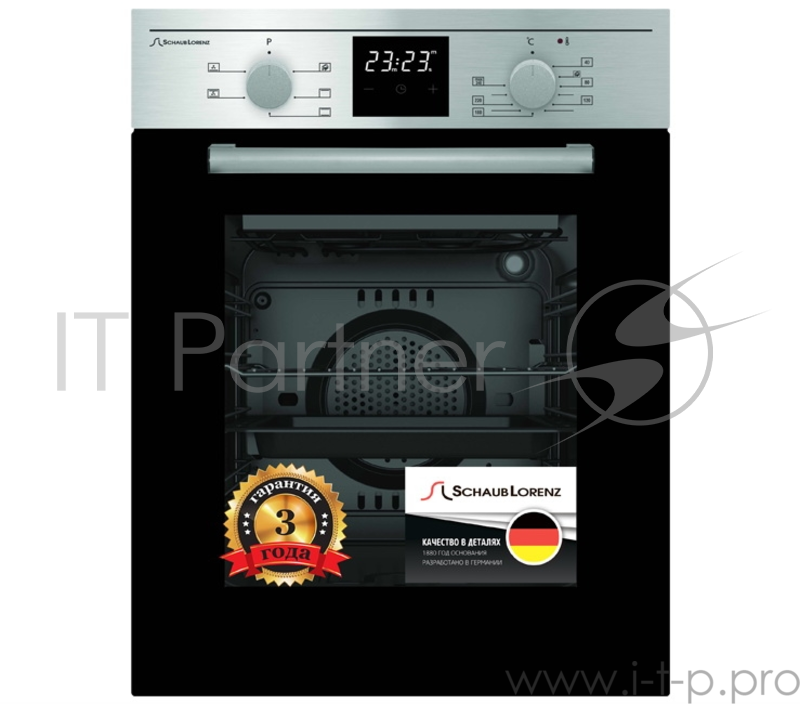Встраиваемая электрическая духовка Schaub Lorenz 59.5х45x61 см, 45л, 6 режимов работы, механические переключатели, цифровой таймер с напоминанием, панель управления-нержавеющая сталь, черное стекло дверцы духовки