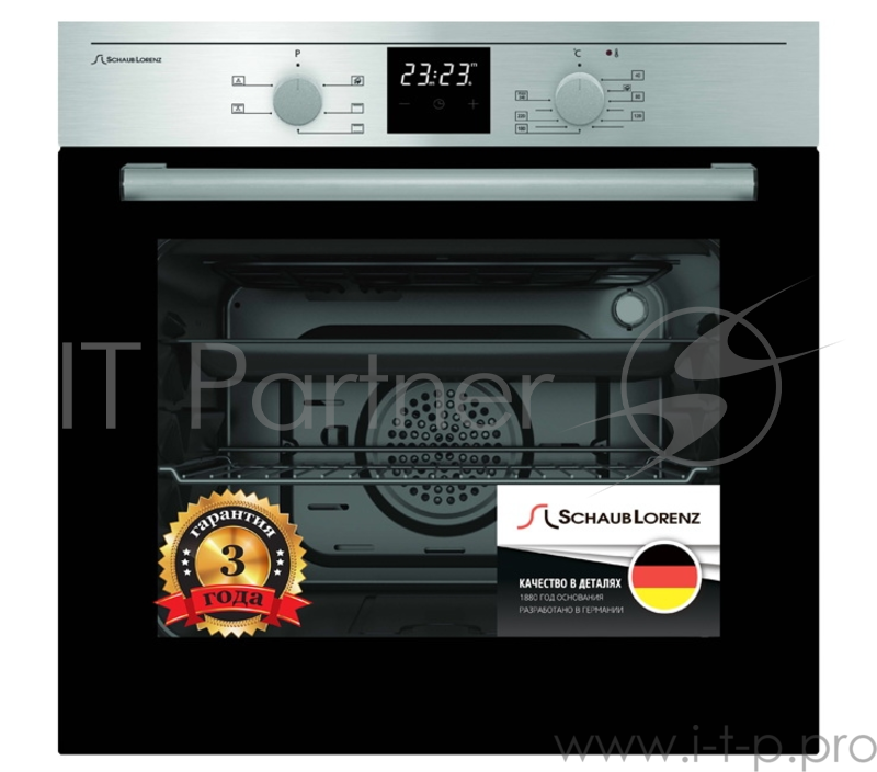 Встраиваемые электрические духовки Schaub Lorenz 59.5х59.5x61 см, 61л, 6 режимов работы, механические переключатели, цифровой таймер с напоминанием, панель управления-нержавеющая сталь, черное стекло дверцы духовки