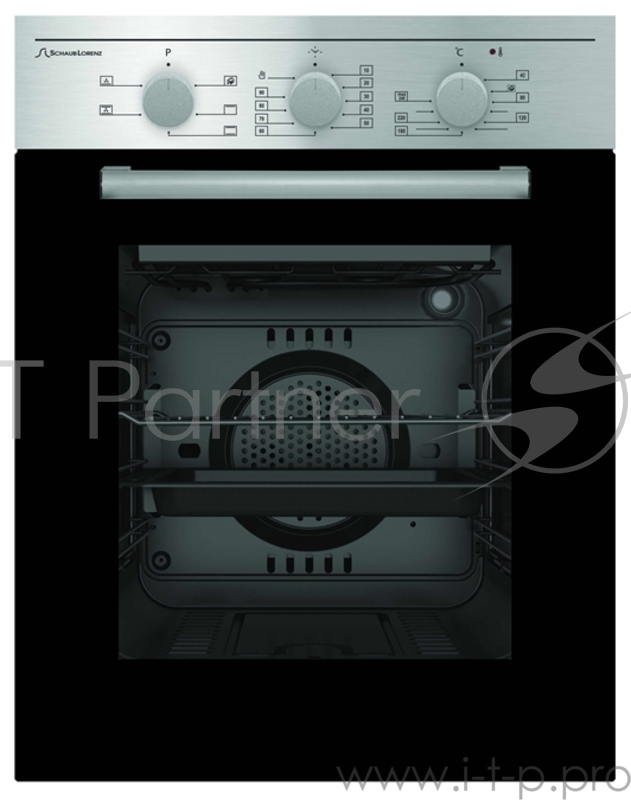 Встраиваемая электрическая духовка Schaub Lorenz 59.5х45x61 см, 45л, 6 режимов работы, механические переключатели, механический таймер 90мин, панель управления-нержавеющая сталь, черное стекло дверцы духовки