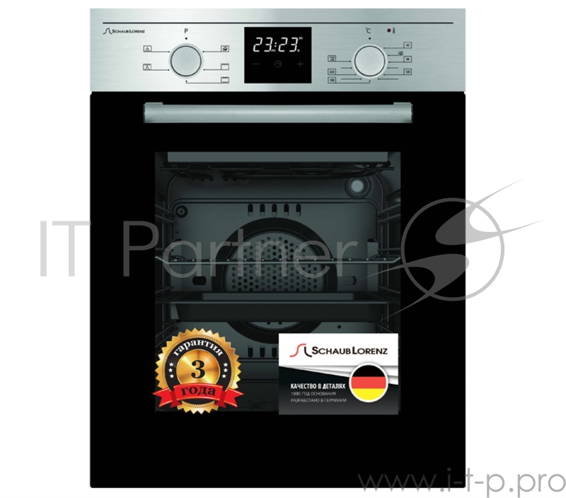 Встраиваемая электрическая духовка Schaub Lorenz 59.5х45x61 см, 45л, 6 режимов работы, утапливаемые переключатели, цифровой таймер с автоматическим отключением, 1 ряд телескопических направляющих, панель управления-нержавеющая сталь, черное стекло дв