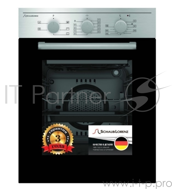 Встраиваемые электрические духовки Schaub Lorenz 59.5х45x61 см, 45л, 4 режима работы, механические переключатели, механический таймер, панель управления-нержавеющая сталь, черное стекло дверцы духовки