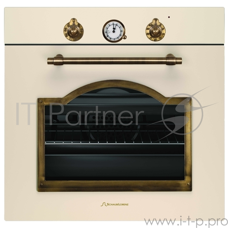 Встраиваемые электрические духовки Schaub Lorenz 59.5х59.5x61 см, 61л, 8 режимов работы, механические переключатели, овый таймер, 1 ряд телескопических направляющих, цвет ручек-бронзовый, бежевый винтаж винтаж