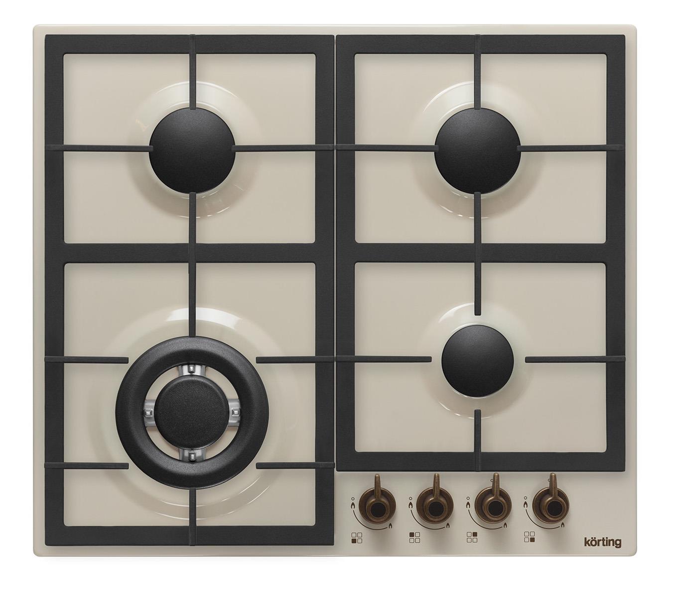 Встраиваемые газовые панели Korting Calabria, 60x51 см, газовая, независимая, электроподжиг, газ-контроль, чугунные решетки, чугунный адаптер для WOK-конфорки и адаптер для кофейника, слоновая кость, цвет ручек-бронза