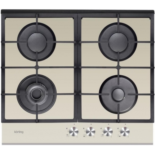 Встраиваемые газовые панели Korting Crystal, 58.5x50 см, газовая, стеклокерамика, независимая, электроподжиг, газ-контроль, чугунные решетки, в комплекте - подставка WOK и адаптер для кофейника, бежевая