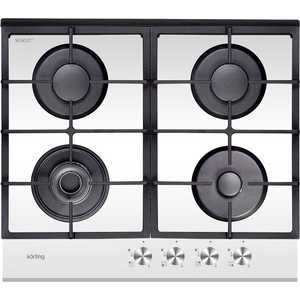 Встраиваемые газовые панели Korting Crystal, 58.5x50 см, газовая, стеклокерамика, независимая, электроподжиг, газ-контроль, чугунные решетки, в комплекте - подставка WOK и адаптер для кофейника, белая