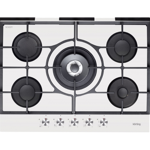 Встраиваемые газовые панели Korting Crystal, 72x50 см, газовая, стеклокерамика, независимая, 5 конфорок, электроподжиг, газ-контроль, чугунные решетки, в комплекте - подставка WOK и адаптер для кофейника, белая