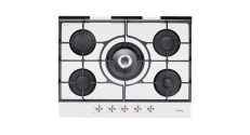 Встраиваемые газовые панели Korting Crystal, 72x50 см, газовая, стеклокерамика, независимая, 5 конфорок, электроподжиг, газ-контроль, чугунные решетки, в комплекте - подставка WOK и адаптер для кофейника, белая