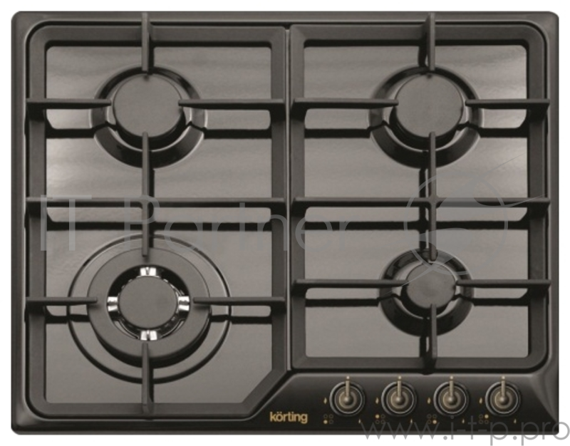 Встраиваемые газовые панели Korting Provence, 60x51 см, газовая, независимая, электроподжиг, газ-контрол, чугунные решетки, адаптер для WOK-конфорки, матовый черный, цвет ручек-бронза