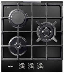 Встраиваемые газовые панели Korting Crystal, 58.5x50 см, газовая, стеклокерамика, независимая, электроподжиг, газ-контроль, чугунные решетки, в комплекте - подставка WOK и адаптер для кофейника, черная