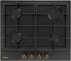 Встраиваемые газовые панели Korting Retro Calabria, 60x51 см, газовая, независимая, электроподжиг, газ-контроль, чугунные решетки, черная, цвет ручек-бронза
