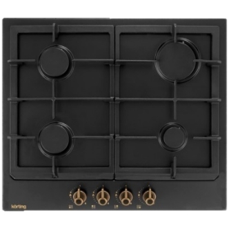 Встраиваемые газовые панели Korting Retro Calabria, 60x51 см, газовая, независимая, электроподжиг, газ-контроль, чугунные решетки, черная, цвет ручек-бронза