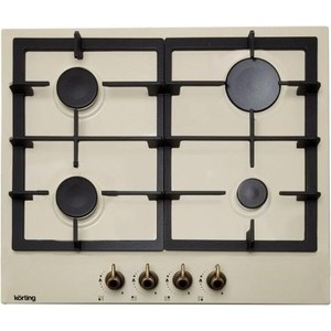 Встраиваемые газовые панели Korting Retro Calabria, 60x51 см, газовая, независимая, электроподжиг, газ-контроль, чугунные решетки, слоновая кость, цвет ручек-бронза