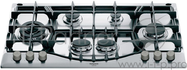 Встраиваемая газовая панель HOTPOINT-ARISTON 3.3x87x51 см, 6 конфорки, газ-контроль, автоподжиг, чугунные решетки, нерж.сталь
