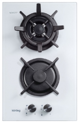 Домино Korting Crystal, 30 x 51 см, газовая, стеклокерамика, 2 конфорки, электроподжиг, газ-контроль, чугунные решетки, в комплекте - подставка WOK и адаптер для кофейника, черная