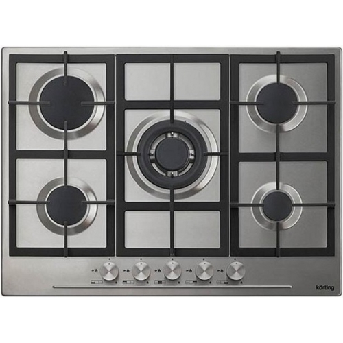 Встраиваемые газовые панели Korting Crystal, 70x51 см, газовая, независимая, электроподжиг, газ-контроль, чугунные решетки, в комплекте - подставка WOK и адаптер для кофейника, нержавеющая сталь