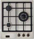 Газовая варочная панель шириной 45см в ретро-дизайне, 3 высокоэффективные конфорки, WOK- сверхмощная конфорка, автоматический электроподжиг, газ-контроль каждой конфорки, передние переключатели, чугунные решетки, цвет-слоновая кость, цвет ручек-бронз