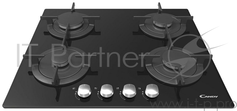 Встраиваемая газовая панель CANDY Газ на стекле. 60 сантиметров. Цвет: черный с серебристыми ручками. Газ-контроль. Автоматический электроподжиг. 1 скоростная, 2 полускоростные конфорки, 1 вспомогательная. 4 чугунные держателя для посуды. Комплект фо