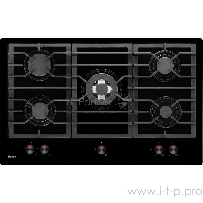 Газовая варочная панель HANSA BHKS83138 90см, BHKS83138, 5 газовых конфорок (2х2,8кВт, 2х1,8кВт, 1х1кВт), чугунная решетка, электроподжиг в ручке, газ-контроль, WOK, газ на стекле, цвет черный