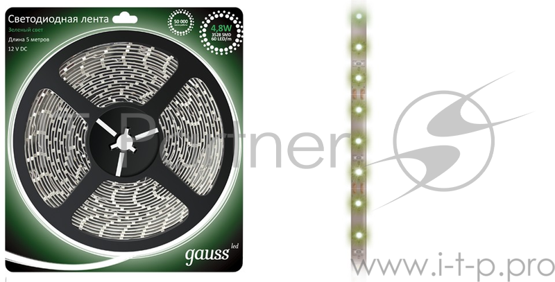 Лента светодиодная GAUSS 312000605 LED 2835/60-SMD 4.8W 12V DC зеленый блистер 5м