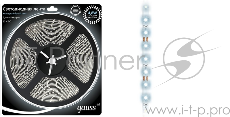 Лента светодиодная GAUSS 312000310 LED 2835/120-SMD 9.6W 12V DC холодный белый блистер 5м