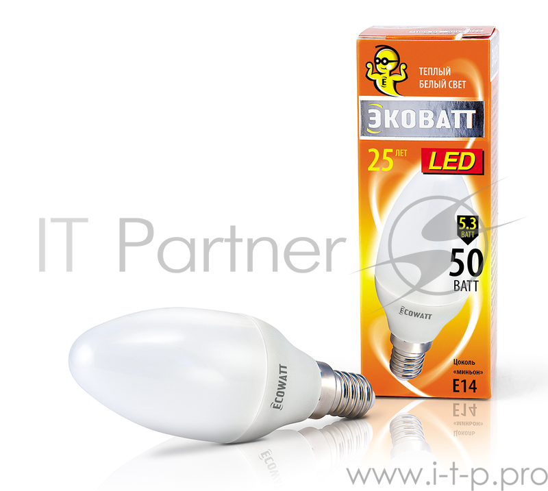 Лампа светодиод. ECOWATT B35 230В 5.3(50)W 2700K E14 (миньон) теплый белый свет свеча