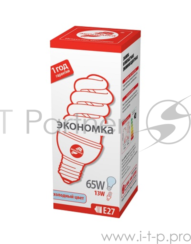 Лампа энергосберегающая ЭКОНОМКА SPC13wE2742eco, 13 Вт, холодный свет, цоколь 27, спираль Т3