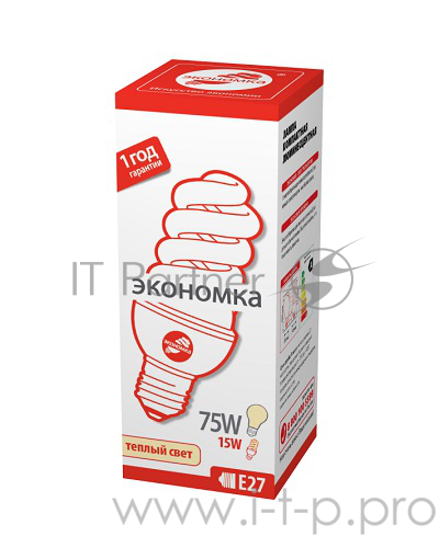 Лампа энергосберегающая ЭКОНОМКА SPC15wE2727eco, 15 Вт, теплый свет, цоколь 27, спираль Т3