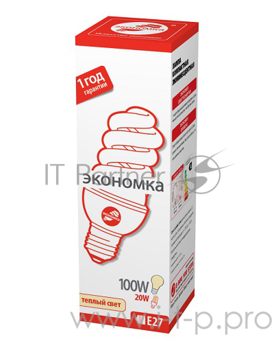 Лампа энергосберегающая ЭКОНОМКА SPC20wE2727eco, 20 Вт, теплый свет, цоколь 27, спираль Т3