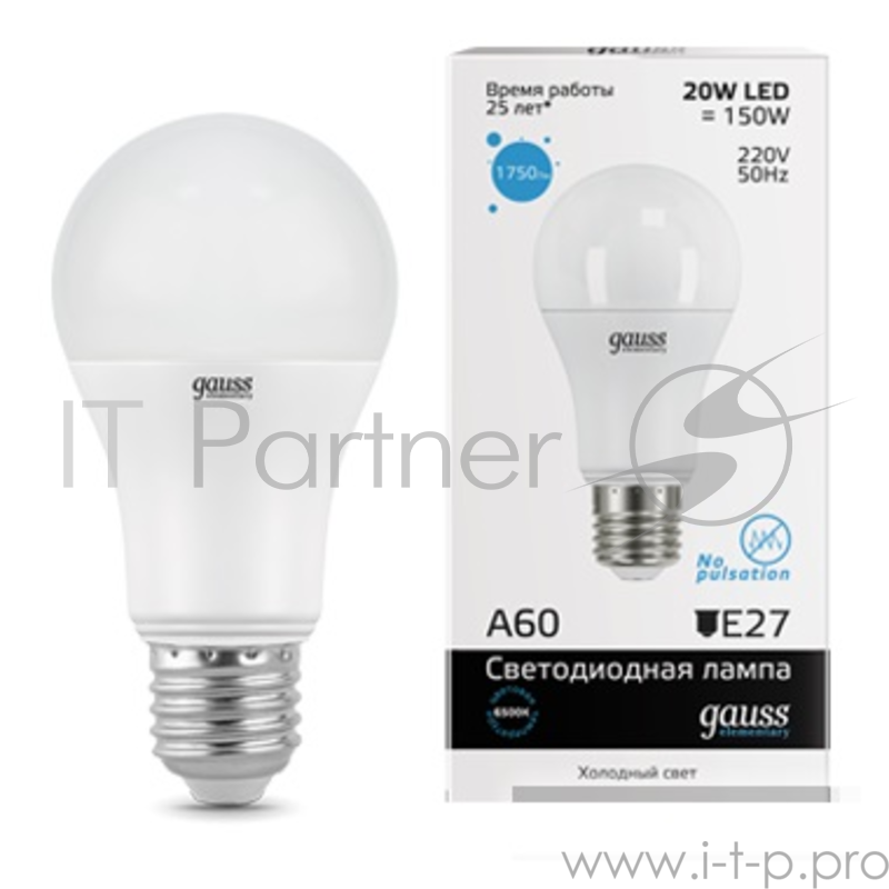 Лампа GAUSS LED Elementary 23239 A60 20W E27 6500K 1/10/40 груша