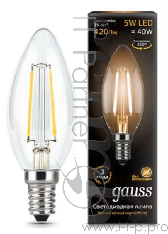 Лампа светодиодная GAUSS 103801105 LED Filament Candle Е14 5Вт 2700к 1/10/50