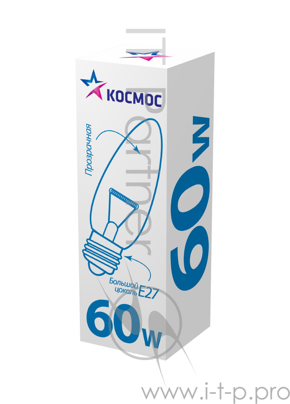 Лампа накаливания КОСМОС 60 Ватт, свеча прозрачная Е27