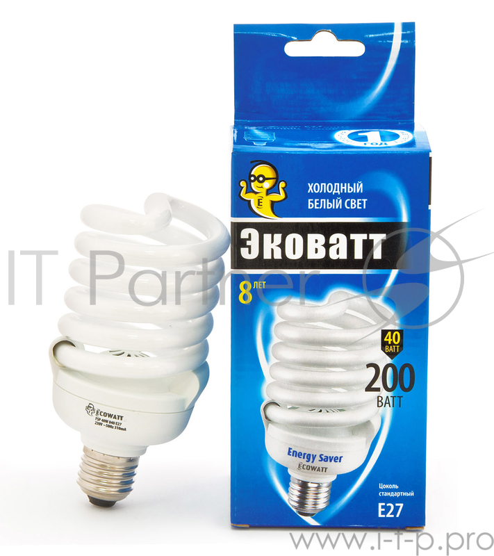 Лампа энергосберегающая ECOWATT FSP 40W 840 E27 холодный белый свет витая, люминесцентная