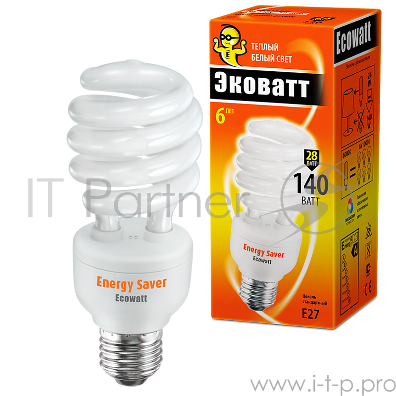 Лампа энергосберегающая ECOWATT SP 28W 827 E27 тёплый белый свет витая, люминисцентная.
