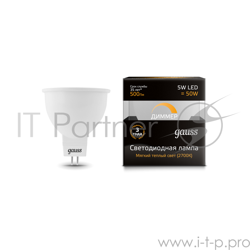 Лампа светодиодная GAUSS 101505105-D LED MR16 GU5.3-dim 5W 2700K диммируемая