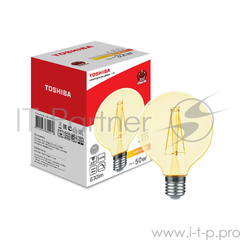 Лампа TOSHIBA 01901760921A филаментная золотистая димируемая g95 Е27 7Вт 2200k 80ra dim