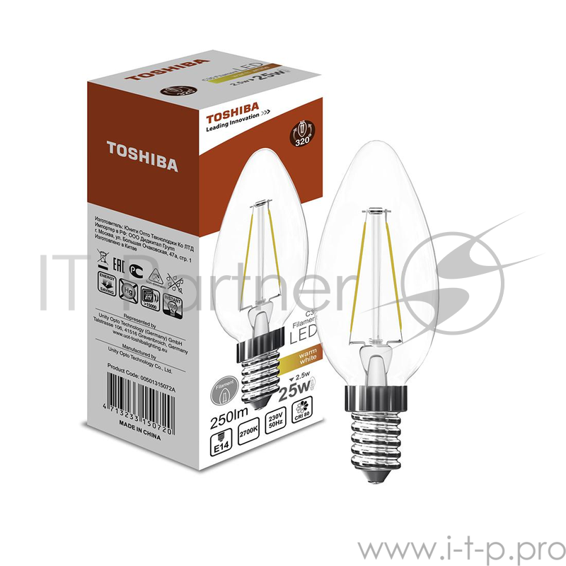 Лампа TOSHIBA 00501315072A филаментная c35 Е14 2.5Вт 2700k 80ra nd