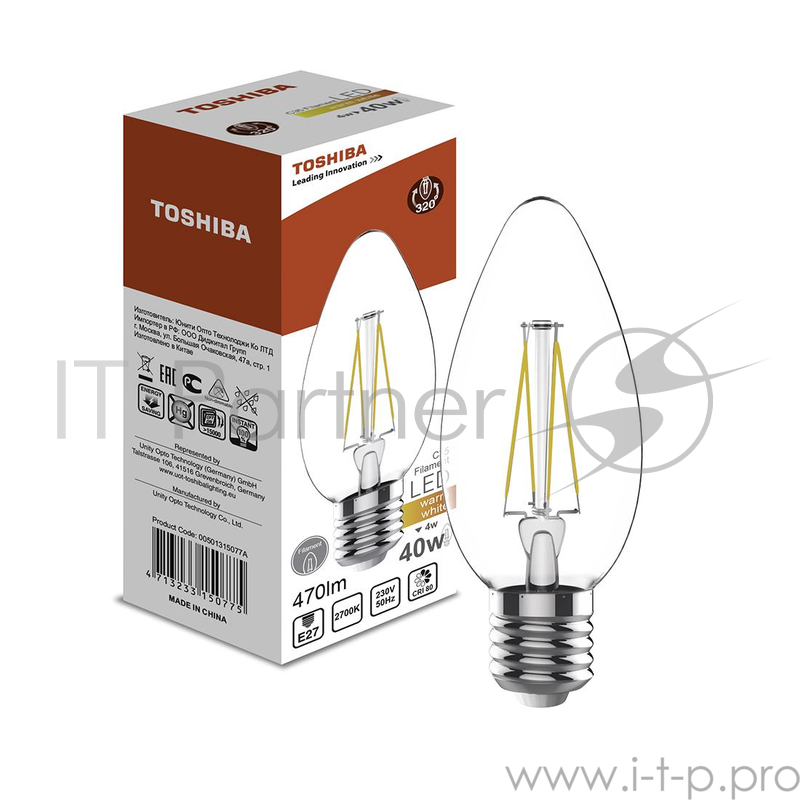 Лампа TOSHIBA 00501315077A филаментная c35 Е27 4Вт 2700k 80ra nd