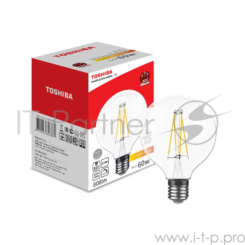 Лампа TOSHIBA 01901760788A филаментная димируемая g95 Е27 7Вт 2700k 80ra dim