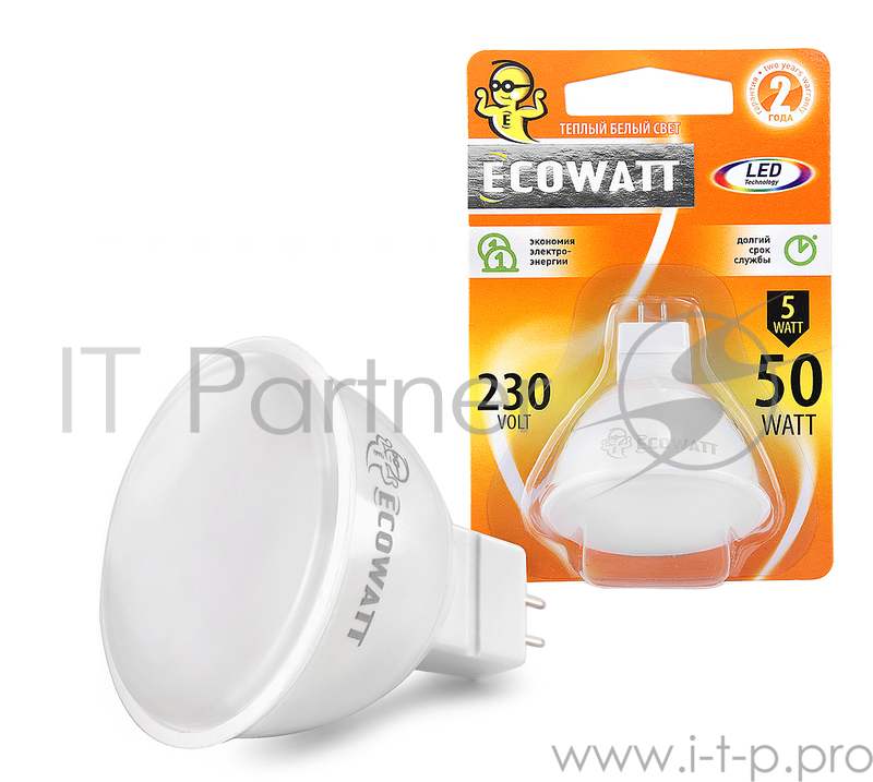 Лампа светодиод. ECOWATT JCDR 230В 5(50)W 3000K GU5.3 теплый белый свет