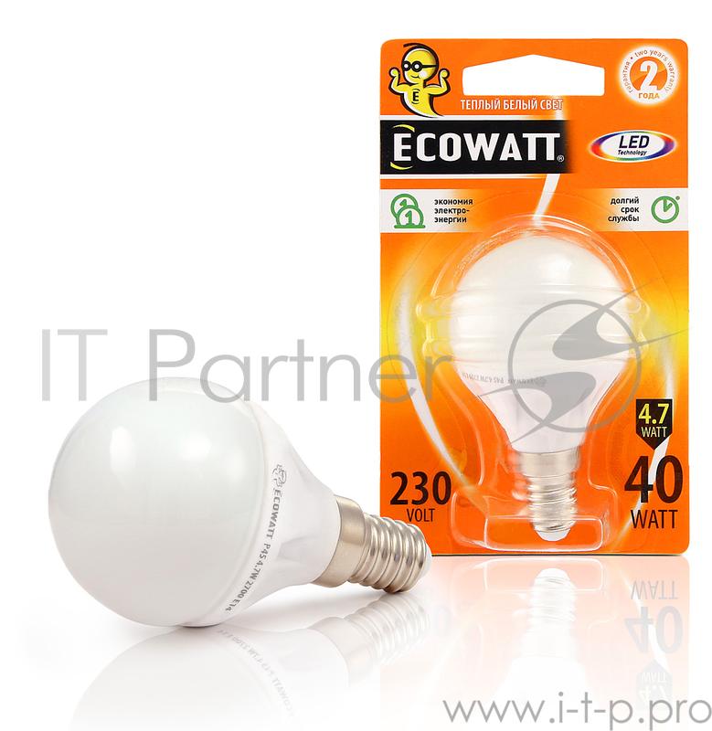 Лампа светодиодная ECOWATT P45 230В 4.7(40)W 2700K E14 (миньон) теплый белый свет, шарик