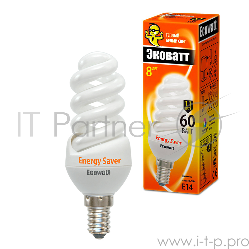 Лампа энергосберегающая ECOWATT M-FSP 11W 827 E14 тёплый белый свет витая, люминесцентная 39*103мм