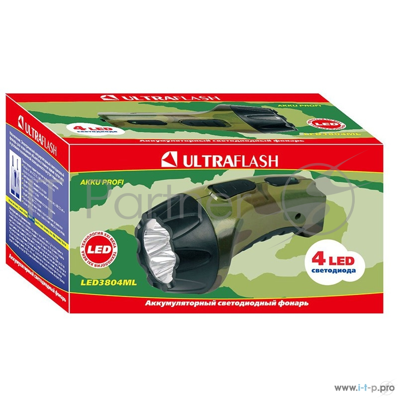 Фонарь Ultraflash LED3804ML (фонарь аккум 220В, милитари, 4 LED, SLA, пластик, коробка)
