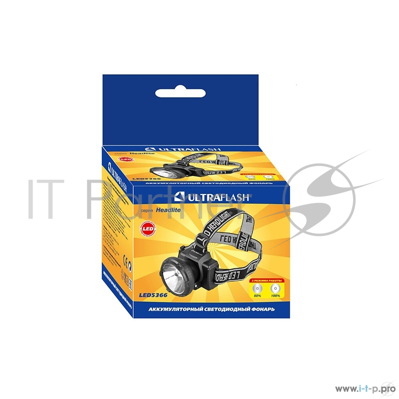 Фонарь Ultraflash LED5366 (фонарь налобн аккум 220В, черный, 0,5 Ватт LED, 2 реж, пласт, бокс)