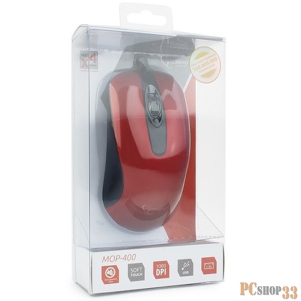 Мышь Gembird MOP-400-R красный USB {Мышь, бесшумный клик, 2 кнопки+колесо кнопка, 1000 DPI, soft-touch, кабель 1.45м, блистер}